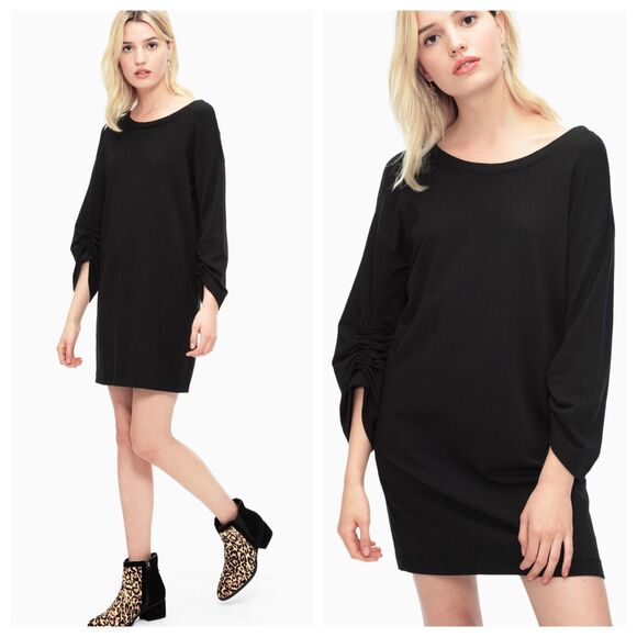 Splendid Womens Black Dress North Coast French Terry Shirred Popover Size M NWOT - Picture 2 of 12